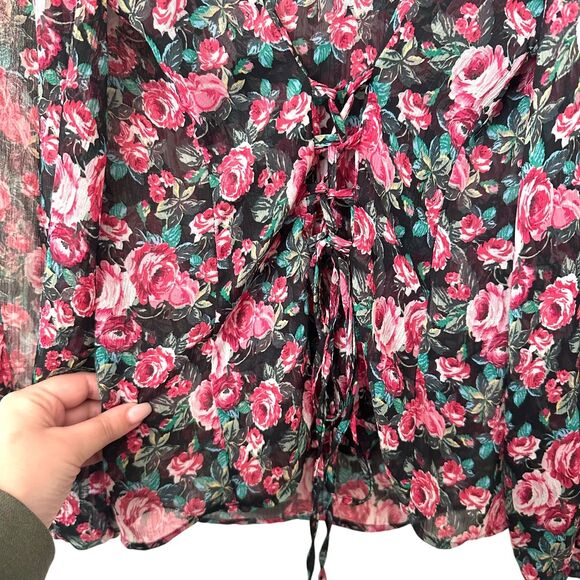 ZARA Rose Print Lace-Up Chiffon Blouse Small - Picture 5 of 6